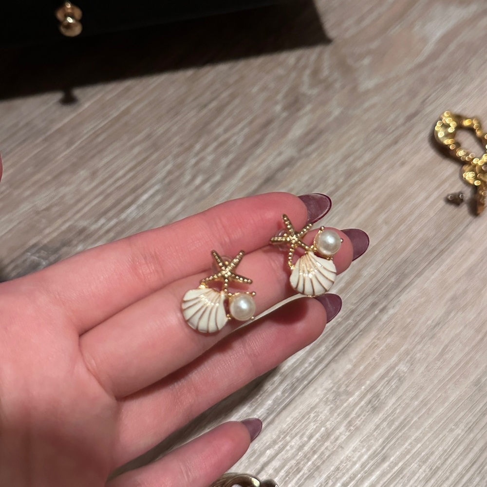 Gold and White Starfish Shell Earrings